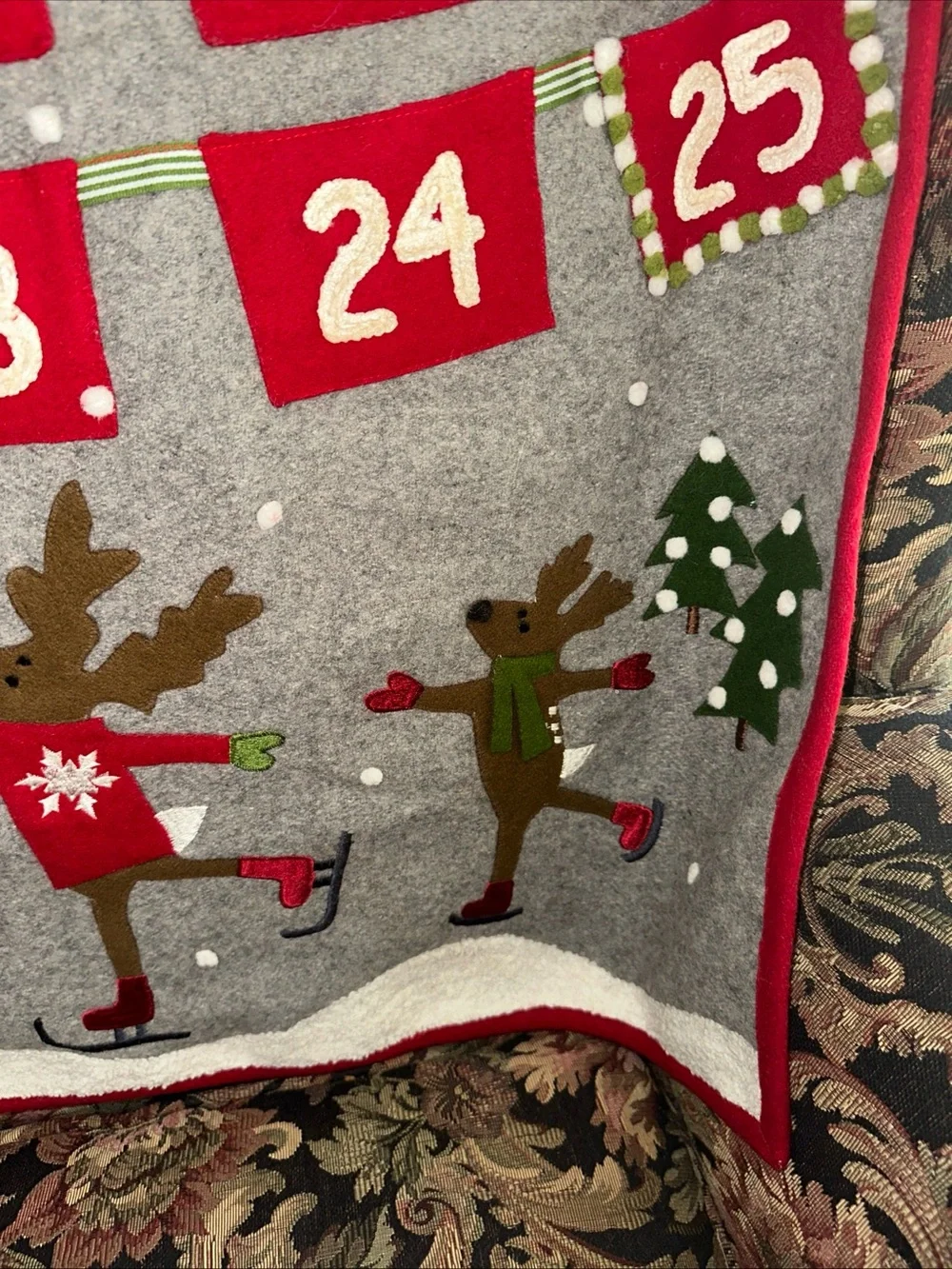 Crate&Barrel wool Gray, Red and Green skating Reindeer Advent calendar